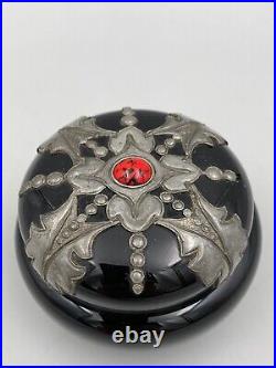 Bonbonniere Art Deco 1930 Verre Noir Cabochon Ceramique Feuillage Etain M998