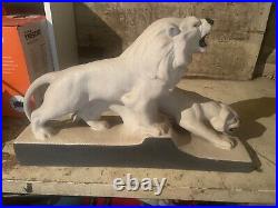 Céramique craquelée art déco Couple lion blanc cassé