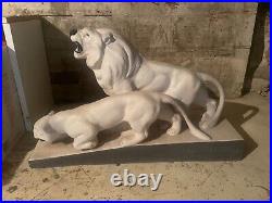 Céramique craquelée art déco Couple lion blanc cassé