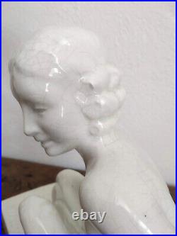 Charles LEMANCEAU Sculpture en faïence craquelée femme au levrier ART DÉCO