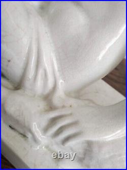 Charles LEMANCEAU Sculpture en faïence craquelée femme au levrier ART DÉCO