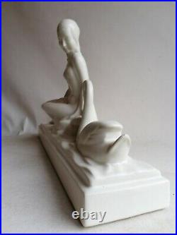 Charles Lemanceau Leda Et Le Cygne Statue Sculpture Art Déco Céramique Craquelé