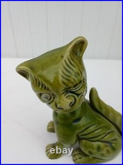 Chat En Céramique Émaillée Vert Signée Aller Vale Devon Torquay Art Déco