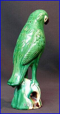 D art chine beau perroquet vert ancien grès vernissé céramique 23c520g déco
