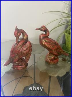 Deux Magnifiques Oiseaux Cormorans En Céramique Rouge Et Or Style Art Deco