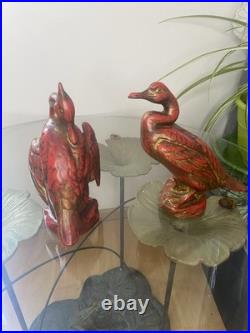 Deux Magnifiques Oiseaux Cormorans En Céramique Rouge Et Or Style Art Deco