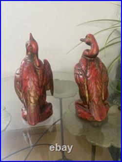 Deux Magnifiques Oiseaux Cormorans En Céramique Rouge Et Or Style Art Deco