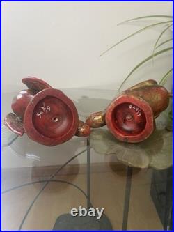 Deux Magnifiques Oiseaux Cormorans En Céramique Rouge Et Or Style Art Deco