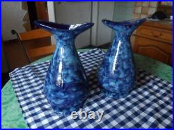 Deux vases art deco ceramique bleu vernie signé xxeme