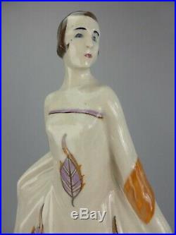 Elegante Figurine Statue Femme Art Deco Ceramique Craquelee Signe Baucour