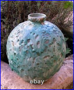 Felix Gete-cab (ceramique D Art De Bordeaux)-vase Boule A Glacure Verte-art Deco