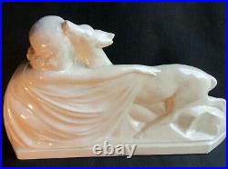 Femme et une biche signée FONTINELLE, Sculpture céramique craquelée Art Déco
