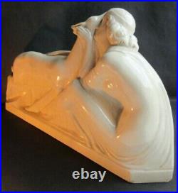 Femme et une biche signée FONTINELLE, Sculpture céramique craquelée Art Déco