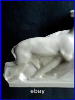 Femme et une biche signée FONTINELLE, Sculpture céramique craquelée Art Déco