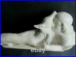 Femme et une biche signée FONTINELLE, Sculpture céramique craquelée Art Déco