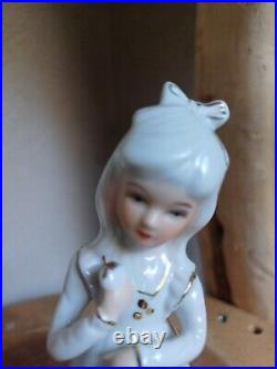 Figurine statue fillette chat céramique porcelaine or fin art déco
