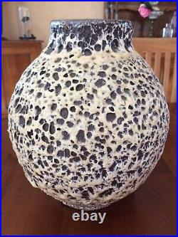 Grand Vase Boule ART DECO Signe R M Céramique Marron Vermiculé Blanc