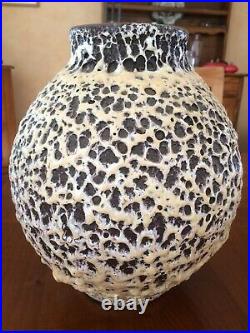Grand Vase Boule ART DECO Signe R M Céramique Marron Vermiculé Blanc