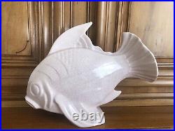 Grand poisson en céramique craquelée signée Le Jan, Art Deco 1930, Saint Clément
