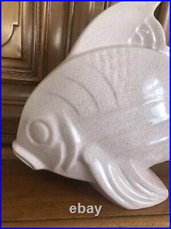 Grand poisson en céramique craquelée signée Le Jan, Art Deco 1930, Saint Clément
