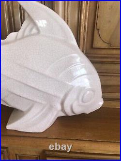 Grand poisson en céramique craquelée signée Le Jan, Art Deco 1930, Saint Clément