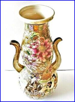 Grand vase ancien en céramique de Satzuma, Japon, décor à l'émail et or fin