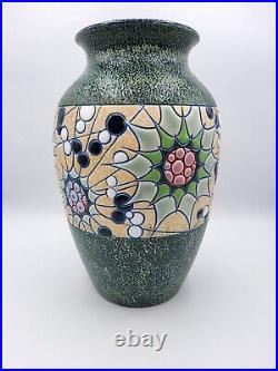 Grand vase céramique crispée et émaux à décor géométrique signé Amphora Art Déco