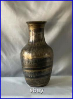 Grand vase en ceramique Art Déco émaillé or et marron 36,5 cm de L. Brisdoux