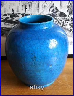 Grand vase signé LACHENAL, art déco, céramique bleu craquelée 26x24cm