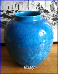 Grand vase signé LACHENAL, art déco, céramique bleu craquelée 26x24cm