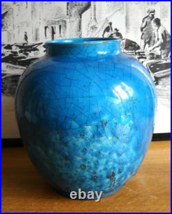 Grand vase signé LACHENAL, art déco, céramique bleu craquelée 26x24cm