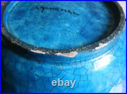 Grand vase signé LACHENAL, art déco, céramique bleu craquelée 26x24cm