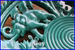 Grande Coupe Céramique Décor Eléphants Art Déco Bel émail Vert D 34 cm