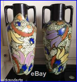 Grande Paire vases Céramique Art déco Bergen C. M style Gouda 38cm