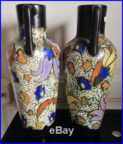 Grande Paire vases Céramique Art déco Bergen C. M style Gouda 38cm