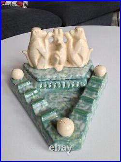 Gros encrier Ceramique Faience Craquelé Cachet D'Argyl Art deco Singes