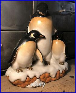Groupe Trio De Pingouins Céramique Craquelée Art Déco L&V Céram H 28 Cm