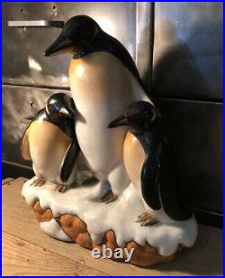Groupe Trio De Pingouins Céramique Craquelée Art Déco L&V Céram H 28 Cm
