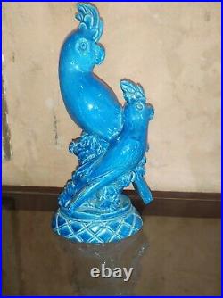 Groupe cacatoes perroquet ceramique bleu signe Marjolaine Luc Lanel Art Déco