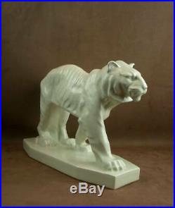 Importante Sculpture En Ceramique Craquele Art Deco Tigre Signée Lejan
