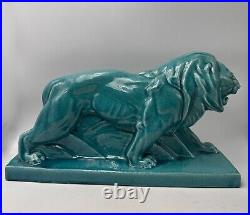 LE JAN lion Peugeot sculpture Art Déco céramique émail craquelé bleu 1934