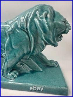 LE JAN lion Peugeot sculpture Art Déco céramique émail craquelé bleu 1934