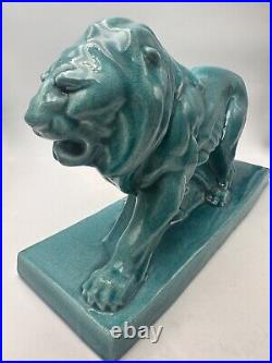 LE JAN lion Peugeot sculpture Art Déco céramique émail craquelé bleu 1934