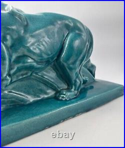 LE JAN lion Peugeot sculpture Art Déco céramique émail craquelé bleu 1934