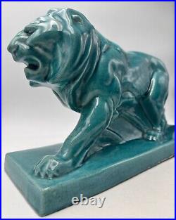 LE JAN lion Peugeot sculpture Art Déco céramique émail craquelé bleu 1934
