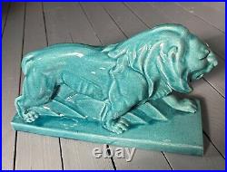 LE JAN lion Peugeot sculpture Art Déco céramique émail craquelé bleu 1934