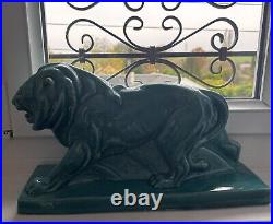 LE JAN lion Peugeot sculpture Art Déco céramique émail craquelé bleu 1934