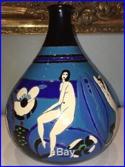 LONGWY Vase Primavera en céramique tamponnée. Art Déco