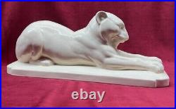 Lion Panthere Felin Sarreguemines Sculpture Statue Animal Craquele Art Deco 1930