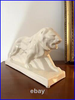 Lion Sur Socle Art déco Céramique Craquelée Signé Nagel Faïence Saint Germain